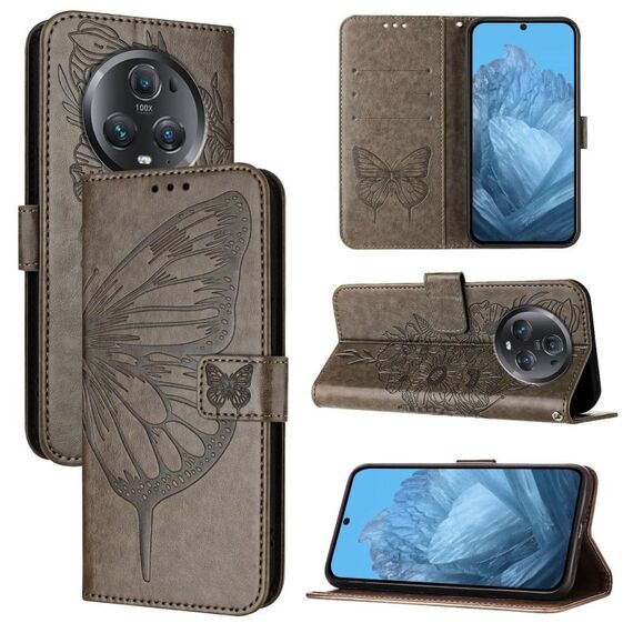 Custodia per telefono in pelle farfalla goffrata per Honor Magic5 Pro (grigio)