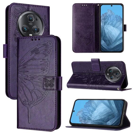 Custodia per telefono in pelle con farfalla goffrata per Honor Magic5 Pro (viola scuro)