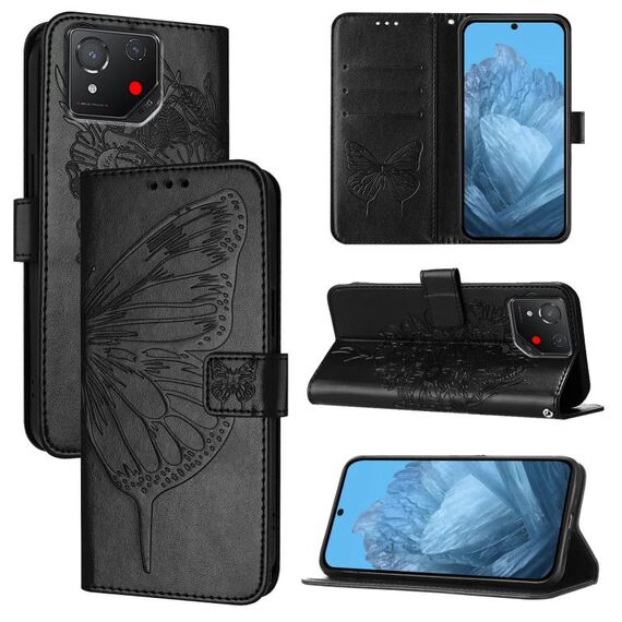Custodia per telefono in pelle con farfalla in rilievo per Asus ROG Phone 8 (nera)