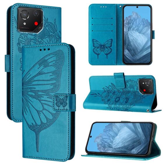 Custodia per telefono in pelle con farfalla in rilievo per Asus ROG Phone 8 (blu)
