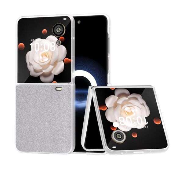 Custodia per telefono in polvere glitterata sfumata trasparente satinata per PC per Honor Magic V Flip (Argento)