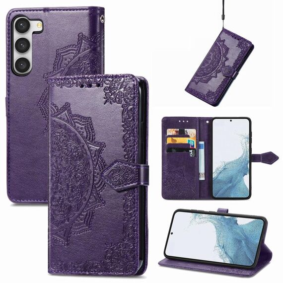 Per Samsung Galaxy S23 5G Custodia per telefono in pelle goffrata con fiore mandala (viola)
