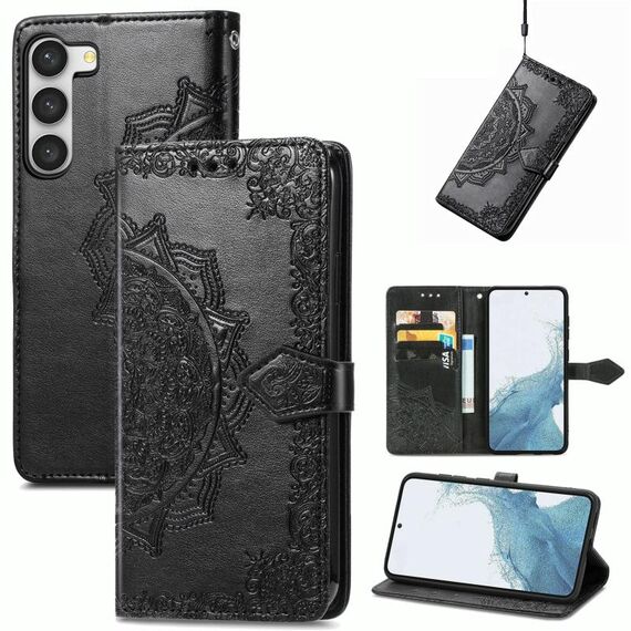 Per Samsung Galaxy S23 5G Custodia per telefono in pelle goffrata con fiore mandala (nero)