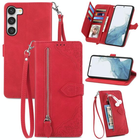 Per Samsung Galaxy S23 5G Custodia in pelle con cerniera floreale in rilievo (rosso)