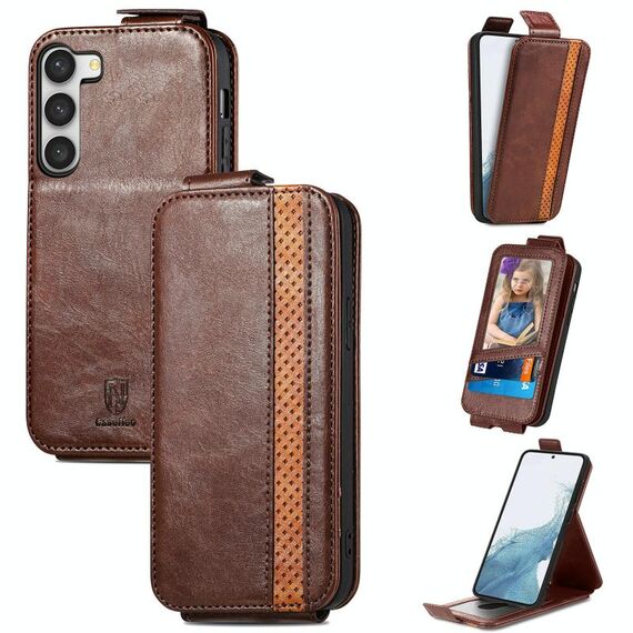 Per Samsung Galaxy S23 5G Splicing Portafoglio Porta carte Verticale Flip Custodia in pelle per telefono (marrone)