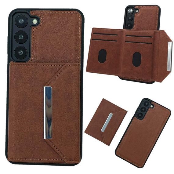 Per Samsung Galaxy S22 5G Custodia per telefono con fibbia in metallo tinta unita con slot per schede (marrone)