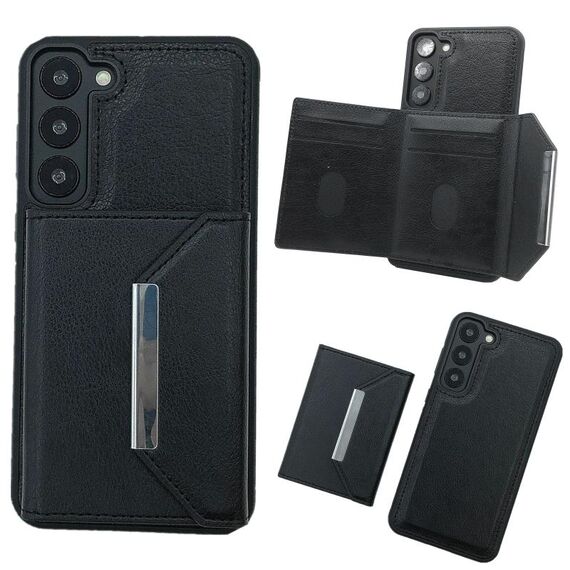 Per Samsung Galaxy S23 5G Custodia per telefono con fibbia in metallo tinta unita con slot per schede (nero)