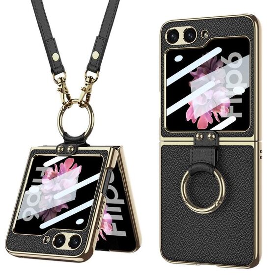 Per Samsung Galaxy Z Flip6 GKK Custodia per telefono in pelle galvanica integrata con anello/cinturino (nero)