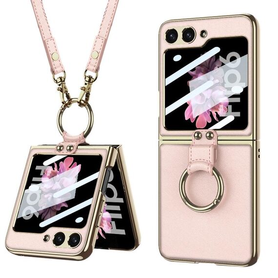 Custodia per telefono in pelle galvanica integrata GKK per Samsung Galaxy Z Flip6 con anello/cinturino (rosa)