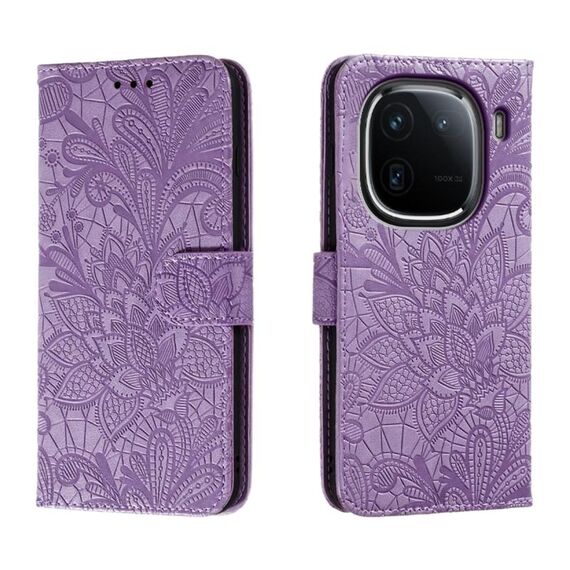 Custodia per cellulare in pelle con vibrazione in rilievo con fiori in pizzo per vivo iQOO 12 (viola)