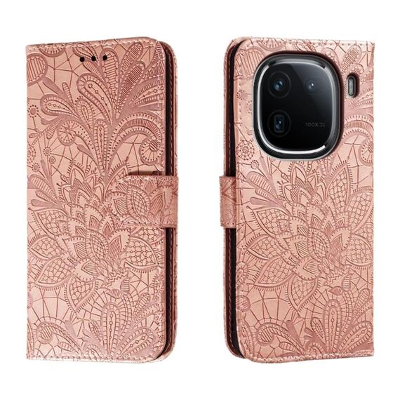 Custodia per cellulare in pelle con vibrazione in rilievo con fiori in pizzo per vivo iQOO 12 (oro rosa)