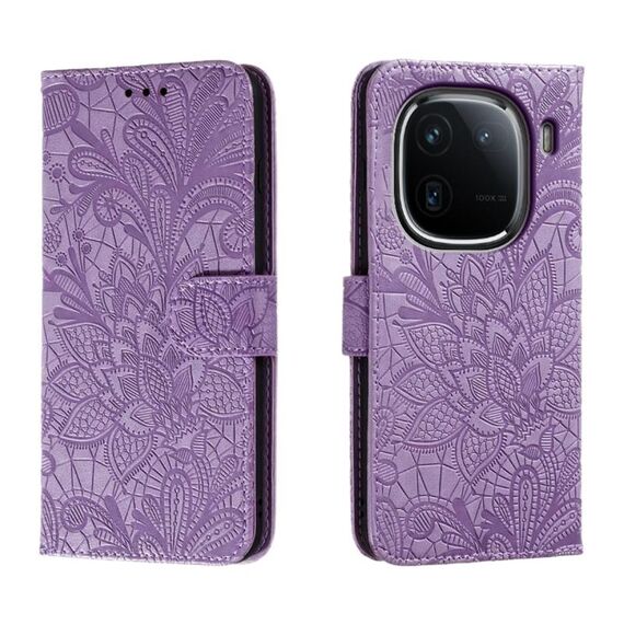 Custodia per cellulare in pelle con vibrazione in rilievo con fiori in pizzo per vivo iQOO 12 Pro (viola)
