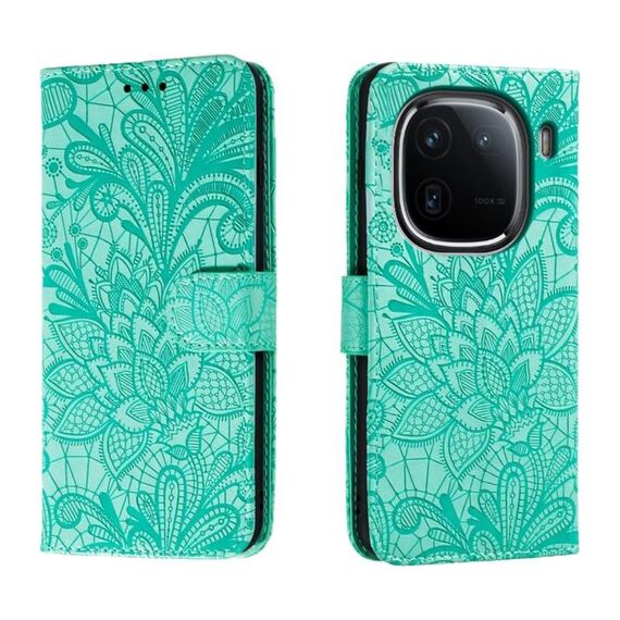 Custodia per cellulare in pelle con vibrazione in rilievo con fiori in pizzo per vivo iQOO 12 Pro (verde)
