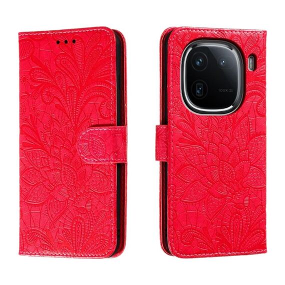 Custodia per telefono in pelle con vibrazione in rilievo con fiore in pizzo per vivo iQOO 12 Pro (rossa)
