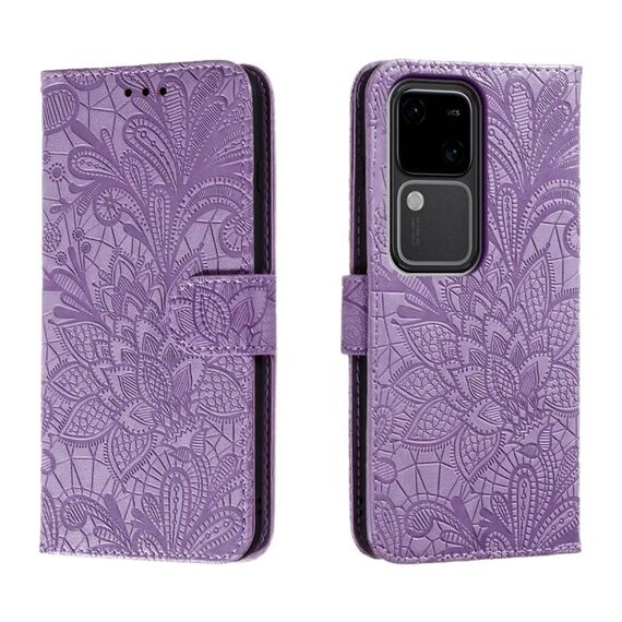 Custodia per cellulare in pelle con vibrazione in rilievo con fiori in pizzo per vivo S18 (viola)