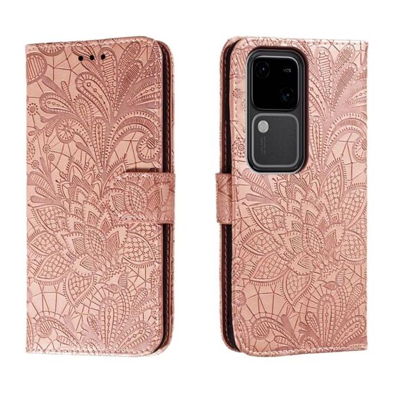 Custodia per cellulare in pelle con vibrazione in rilievo con fiori in pizzo per vivo S18 (oro rosa)