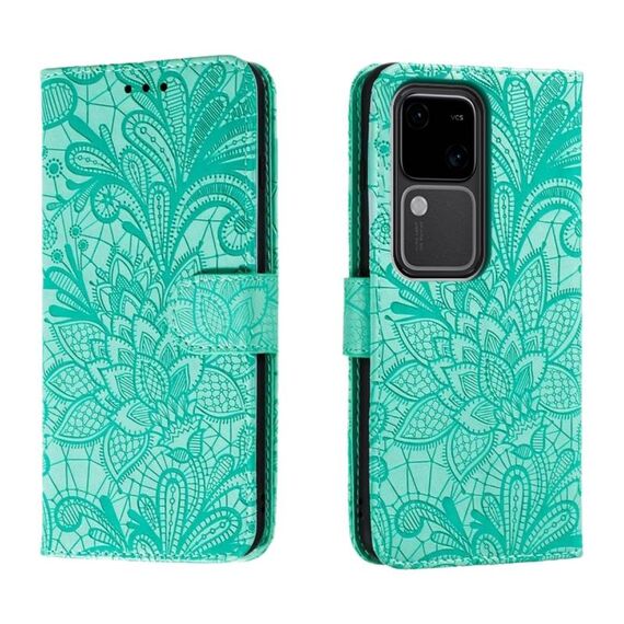 Custodia per cellulare in pelle con vibrazione in rilievo con fiori in pizzo per vivo S18 (verde)
