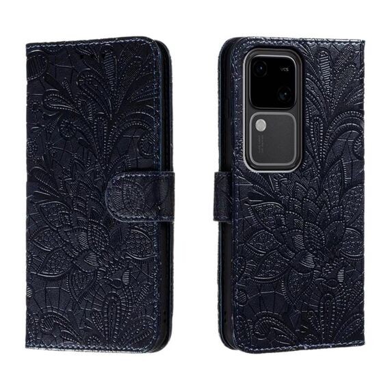 Custodia per telefono in pelle con vibrazione in rilievo con fiore in pizzo per vivo S18 (blu scuro)