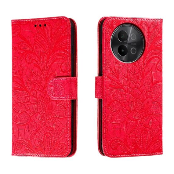 Custodia per cellulare in pelle con vibrazione in rilievo con fiori in pizzo per vivo S18E (rossa)