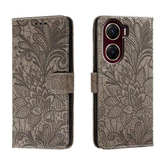 Custodia per telefono in pelle con vibrazione in rilievo con fiore in pizzo per vivo V29E (grigio)