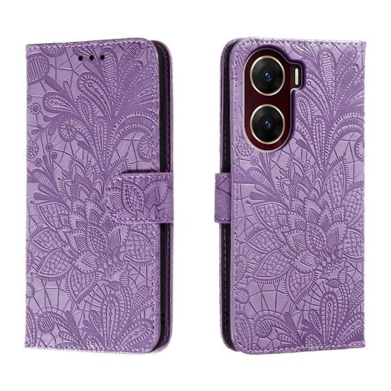 Custodia per cellulare in pelle con vibrazione in rilievo con fiori in pizzo per vivo V29E (viola)
