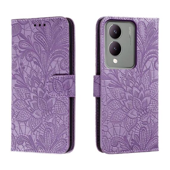 Custodia per cellulare in pelle con vibrazione in rilievo con fiori in pizzo per vivo Y17S (viola)