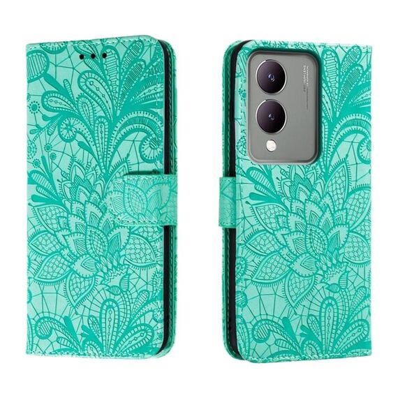 Custodia per cellulare in pelle con vibrazione in rilievo con fiori in pizzo per vivo Y17S (verde)