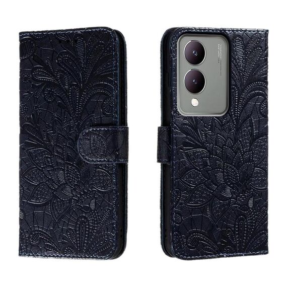 Custodia per telefono in pelle con vibrazione in rilievo con fiore in pizzo per vivo Y17S (blu scuro)