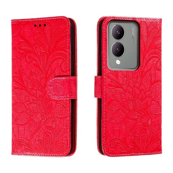 Custodia per telefono in pelle con vibrazione in rilievo con fiori in pizzo per vivo Y17S (rossa)