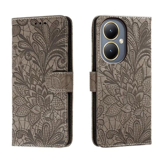 Per vivo Y35M+ Custodia in pelle con stampa a fiori in pizzo (grigio)