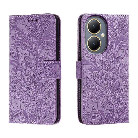 Custodia per telefono in pelle con vibrazione in rilievo con fiori in pizzo per vivo Y35M+ (viola)
