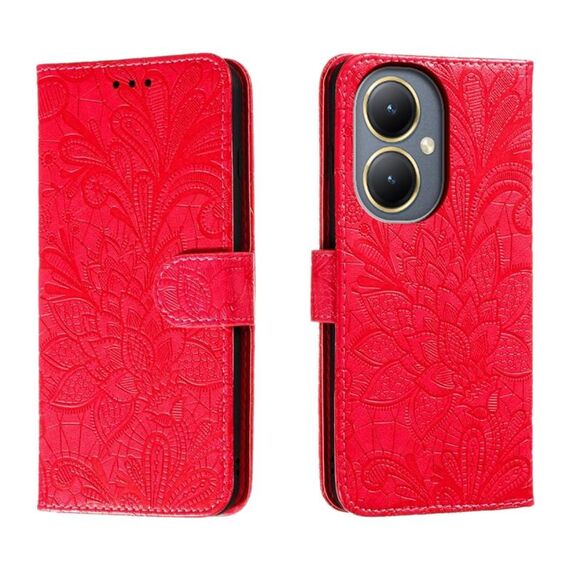 Per vivo Y35M+ Custodia in pelle con stampa a fiori in pizzo (rosso)