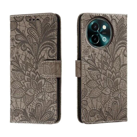 Custodia per telefono in pelle con vibrazione in rilievo con fiore in pizzo per vivo Y38 (grigio)