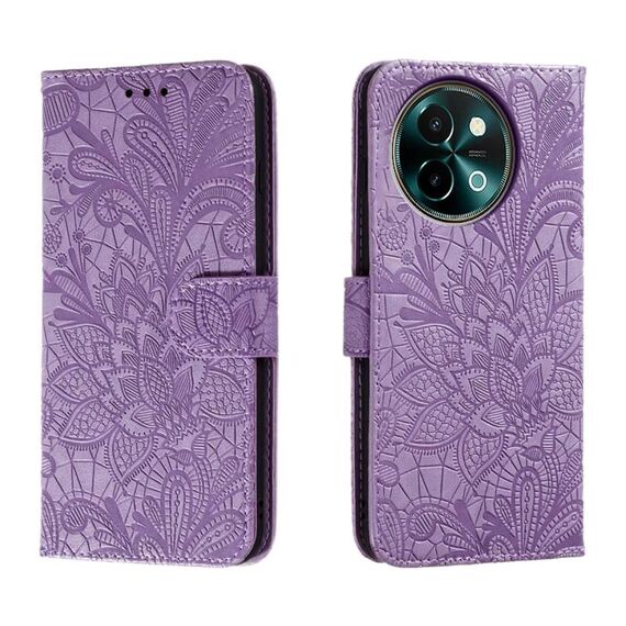 Custodia per telefono in pelle con vibrazione in rilievo con fiore in pizzo per vivo Y38 (viola)
