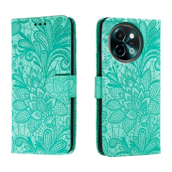 Custodia per telefono in pelle con vibrazione in rilievo con fiori in pizzo per vivo Y38 (verde)