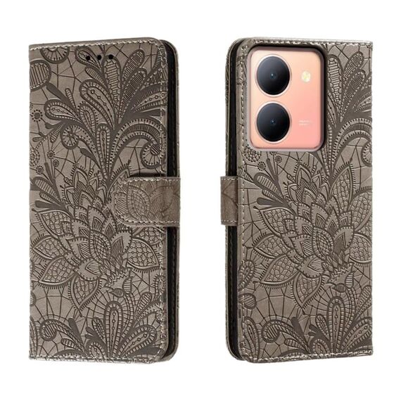 Custodia per telefono in pelle con vibrazione in rilievo con fiori in pizzo per vivo Y78 (grigio)