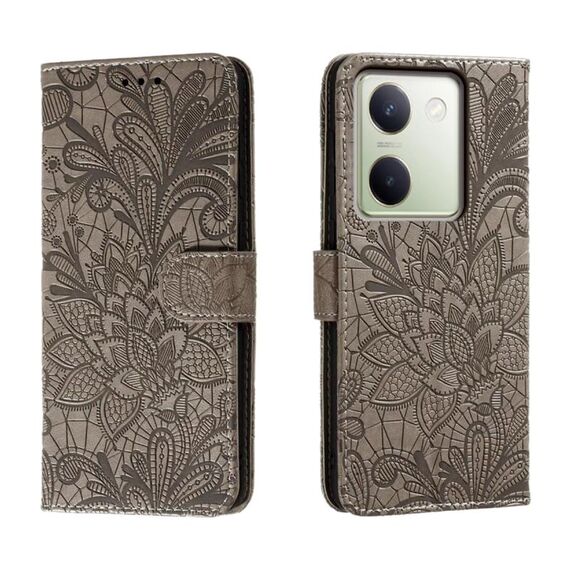 Custodia per cellulare in pelle con vibrazione in rilievo con fiore in pizzo per vivo Y100 5G (grigio)
