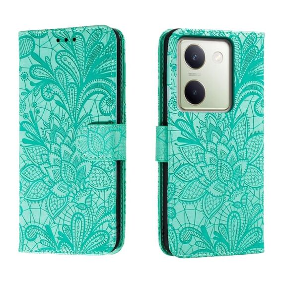 Custodia per telefono in pelle con vibrazione in rilievo con fiori in pizzo per vivo Y100 5G (verde)