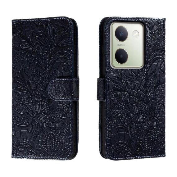 Custodia per telefono in pelle con vibrazione in rilievo con fiore in pizzo per vivo Y100 5G (blu scuro)