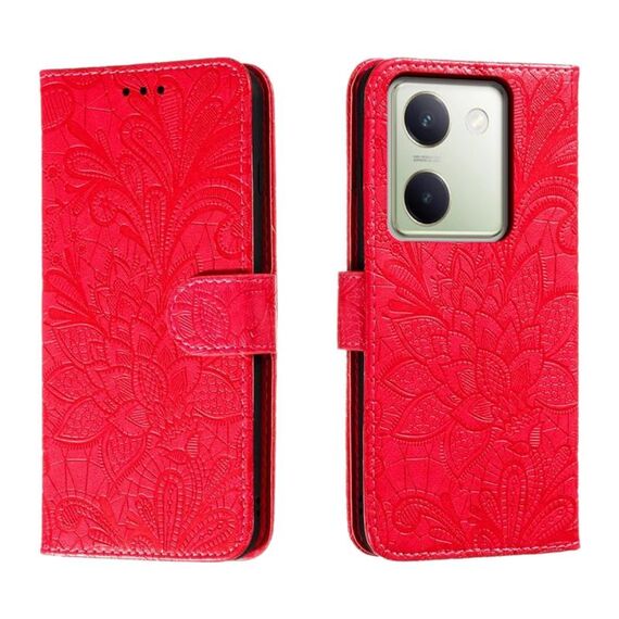 Custodia per telefono in pelle con vibrazione in rilievo con fiore in pizzo per vivo Y100 5G (rossa)