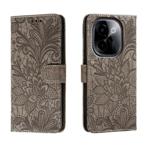 Custodia per cellulare in pelle con vibrazione in rilievo con fiore in pizzo per vivo Y200 5G (grigio)