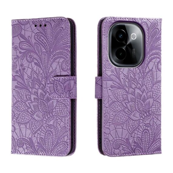 Custodia per cellulare in pelle con vibrazione in rilievo con fiore in pizzo per vivo Y200 5G (viola)