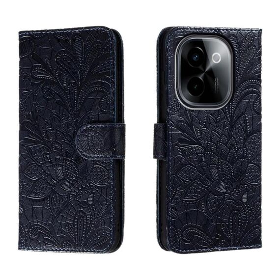 Custodia per telefono in pelle con vibrazione in rilievo con fiore in pizzo per vivo Y200 5G (blu scuro)