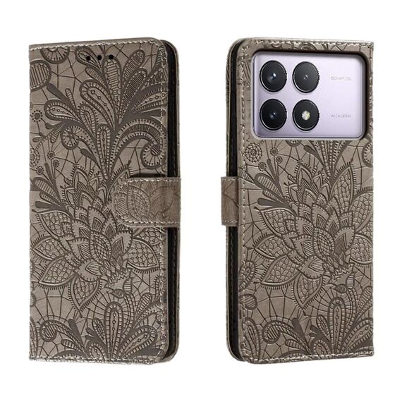 Per Xiaomi Redmi K70 Custodia in pelle con stampa floreale in pizzo (grigio)