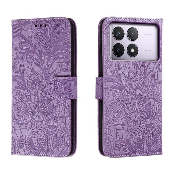 Per Xiaomi Redmi K70 Custodia per telefono in pelle con vibrazione in rilievo con fiori in pizzo (viola)