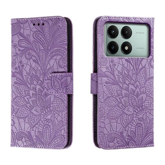 Custodia per cellulare in pelle con vibrazione in rilievo con fiori in pizzo per Xiaomi Redmi K70E (viola)
