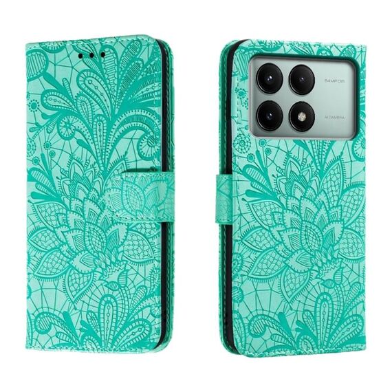 Custodia per cellulare in pelle con vibrazione in rilievo con fiori in pizzo per Xiaomi Redmi K70E (verde)