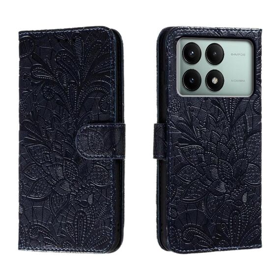 Per Xiaomi Redmi K70E Custodia per telefono in pelle con vibrazione in rilievo con fiori in pizzo (blu scuro)