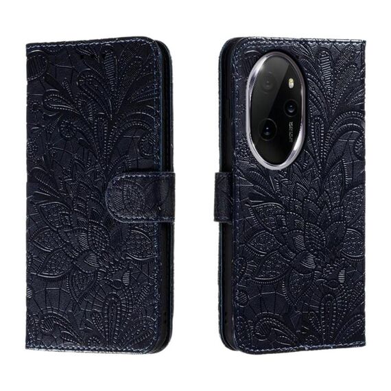 Custodia per telefono in pelle con vibrazione in rilievo con fiori in pizzo per Honor 100 Pro (blu scuro)