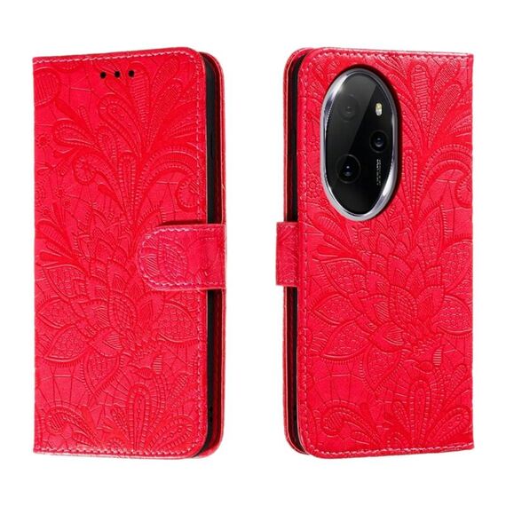 Custodia per cellulare in pelle con vibrazione in rilievo con fiori in pizzo per Honor 100 Pro (rossa)